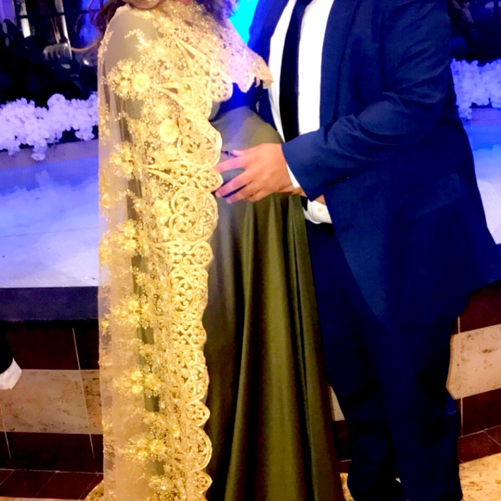 Pregnancy dress, Satan olive green dress, fancy sequins gold shall